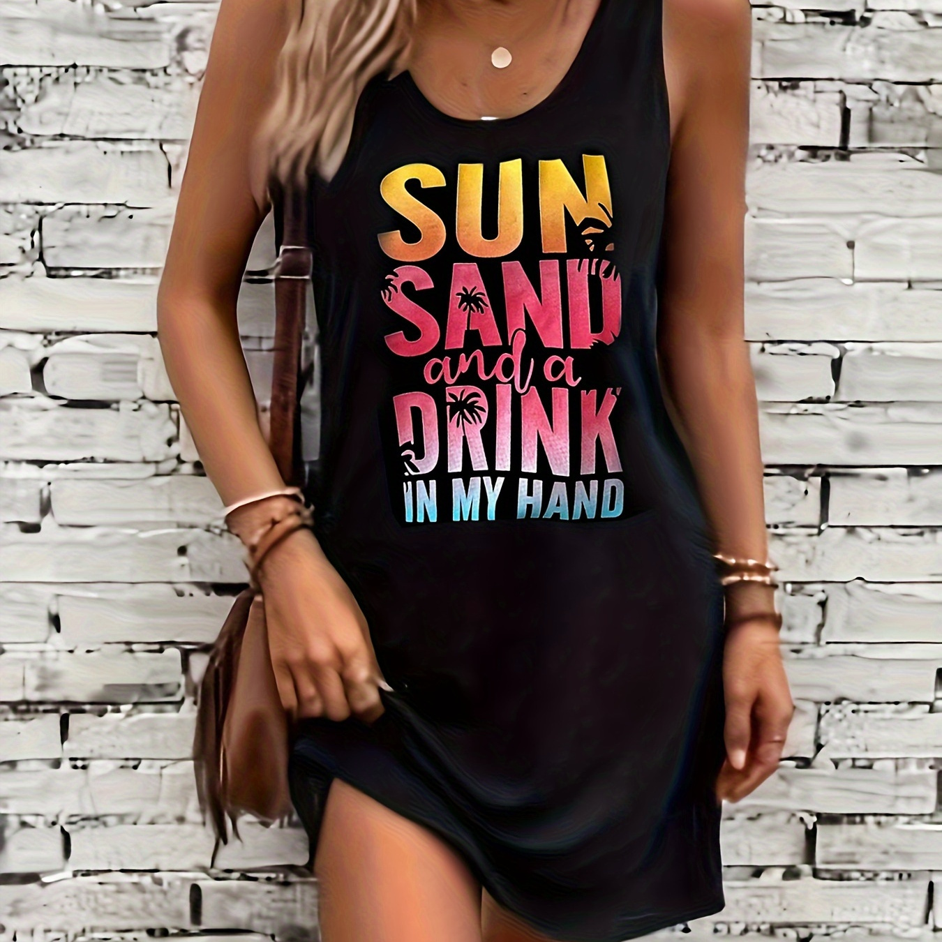 

Women's Summer Casual Printed Pinafore Dress With Geometric Pattern, Polyester Knit Fabric, Crew Neck, And Handheld Drink Slogan