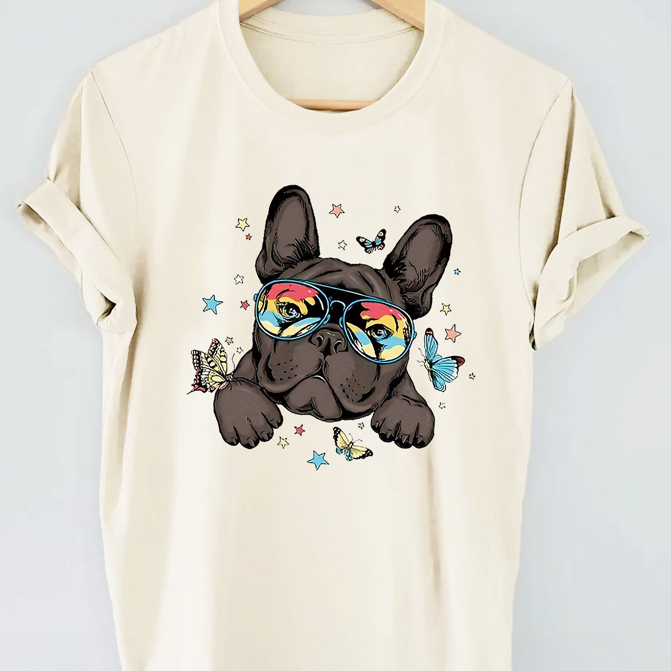 

Dog Wear Glasses & Butterfly Print T-shirt, Short Sleeve Crew Neck Casual Top For Summer & Spring, Women's Clothing