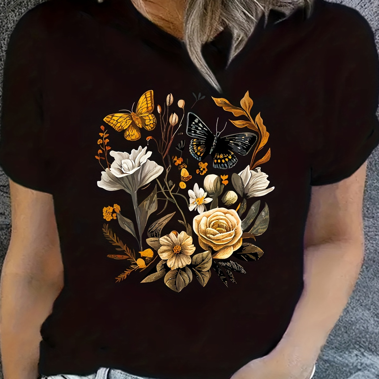 

Floral & Butterfly Print T-shirt, Casual Short Sleeve Crew Neck Top, Women's Clothing