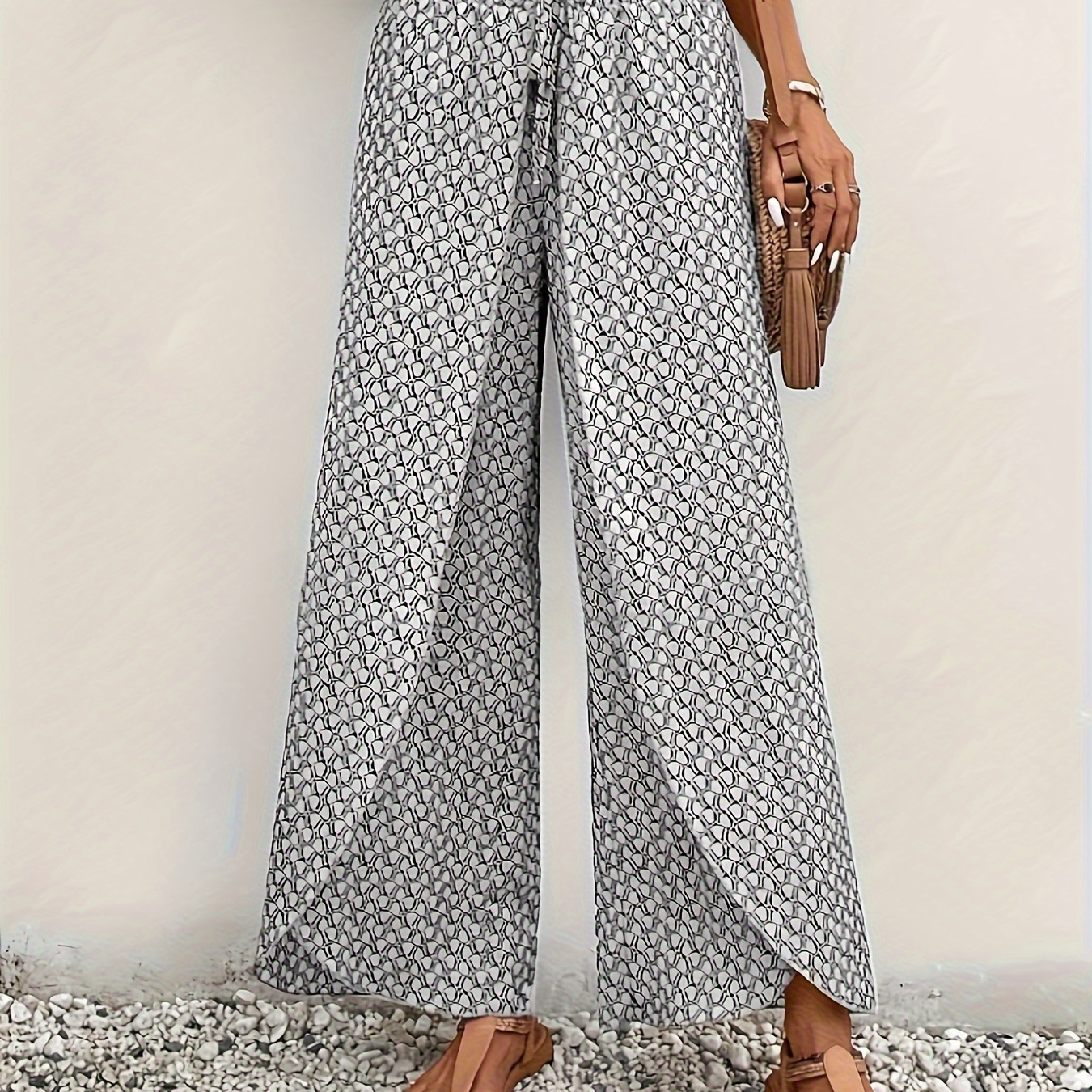 

Allover Print Cross Loose Pants, Elegant Tied Wide Leg Pants For Spring & Fall, Women's Clothing