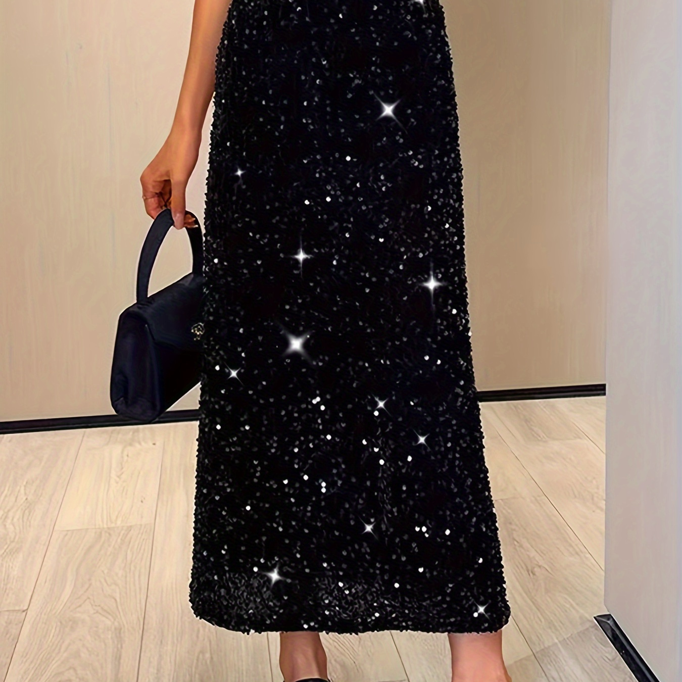 

Elegant Black Sequin Midi Skirt For Women - High Waist, With Side Slit, Machine Washable, Half-length, Step Skirt