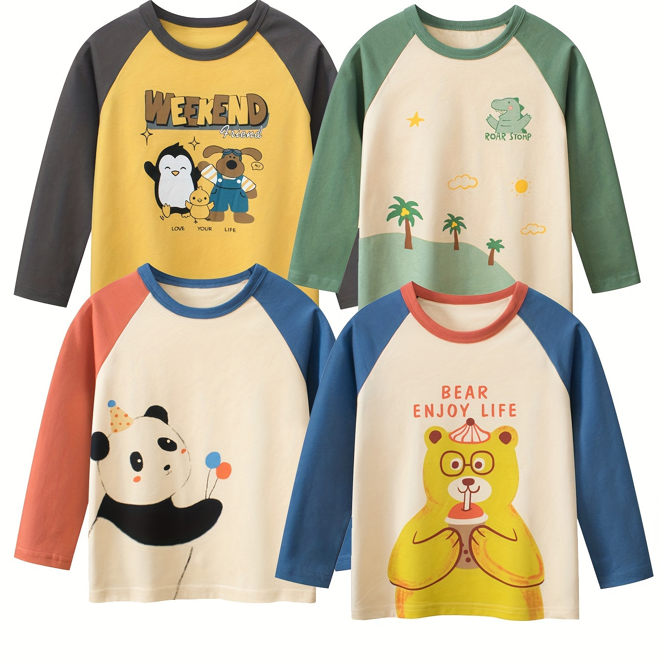 

4pcs Boys' Cotton Long Sleeve T-shirts - Cartoon Print, Crew Neck, Casual & Comfy For Spring/fall