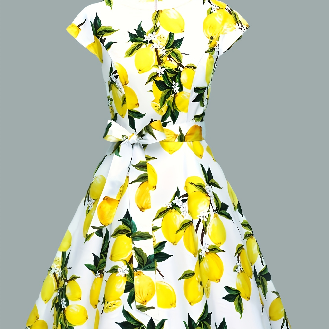 

Lemon Print Crew Neck Dress, Elegant Cap Sleeve Belted Dress For Spring & Summer, Women's Clothing