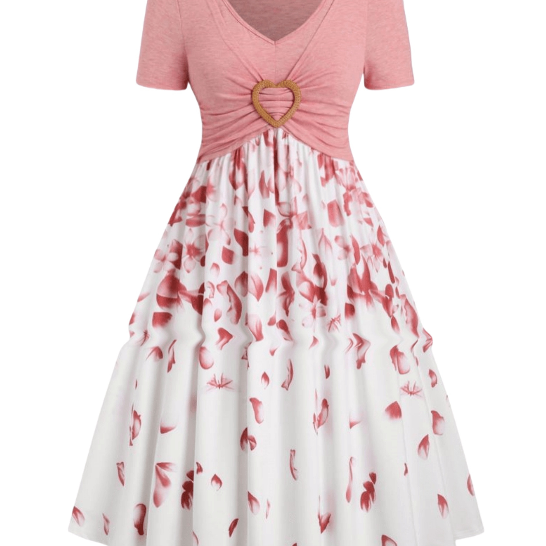 

Petal Print Gathered Front Dress, Elegant V Neck Short Sleeve Ruched Dress For Spring & Summer, Women's Clothing