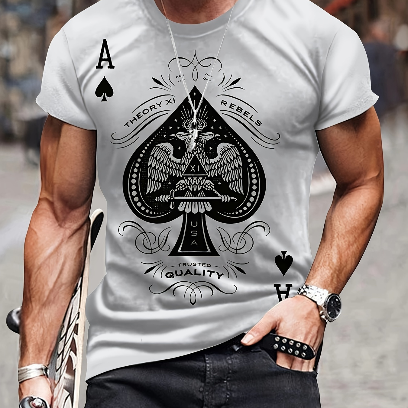 

Ace Of Spade Pattern Print Crew Neck Short Sleeve T-shirt For Men, Casual Summer T-shirt For Daily Wear And Vacation Resorts