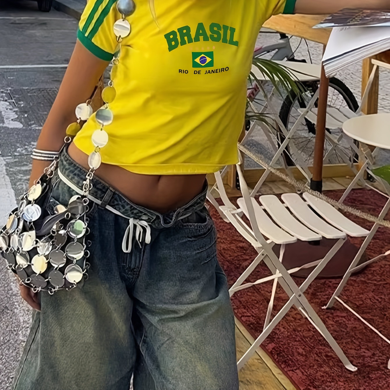 

Brazil Print Crew Neck Crop T-shirt, Y2k Short Sleeve Top For Spring & Summer, Women's Clothing