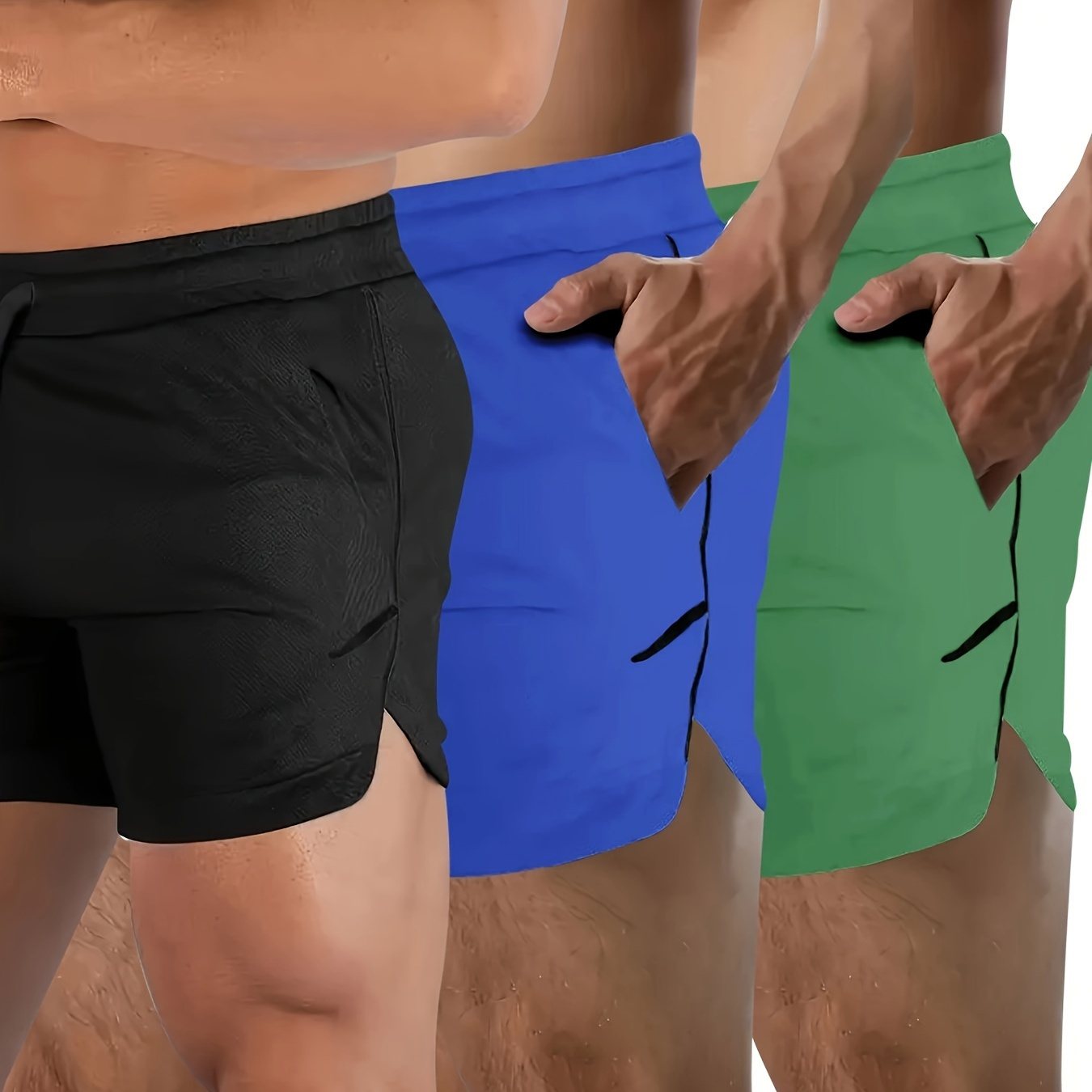 

Men's 3pcs Quick-dry Athletic Shorts With Zippered Pockets – Breathable Mesh, Adjustable Waistband, Side Slit, Black/teal/yellow, Gym, Basketball & Outdoor Activities