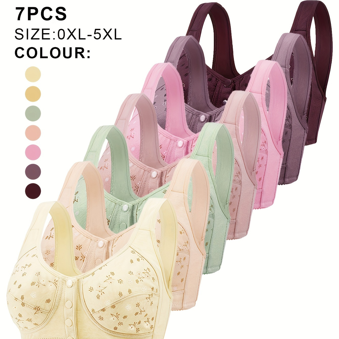 

7 Pack Plus Size Elegant Bra Set, Women's Plus Floral Print Button Front Non Padded Wireless Bra