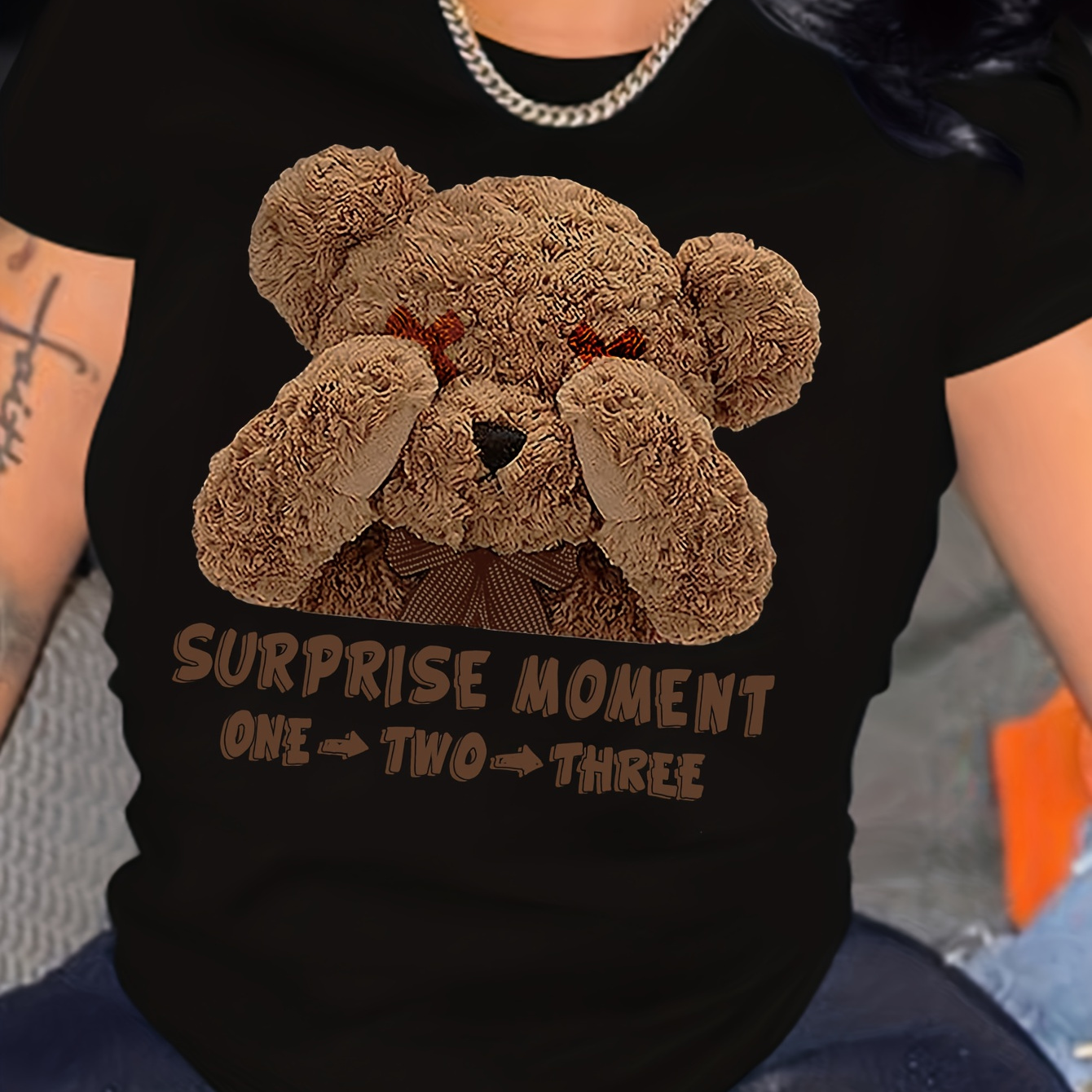 

Bear Print T-shirt, Short Sleeve Crew Neck Casual Top For Summer & Spring, Women's Clothing