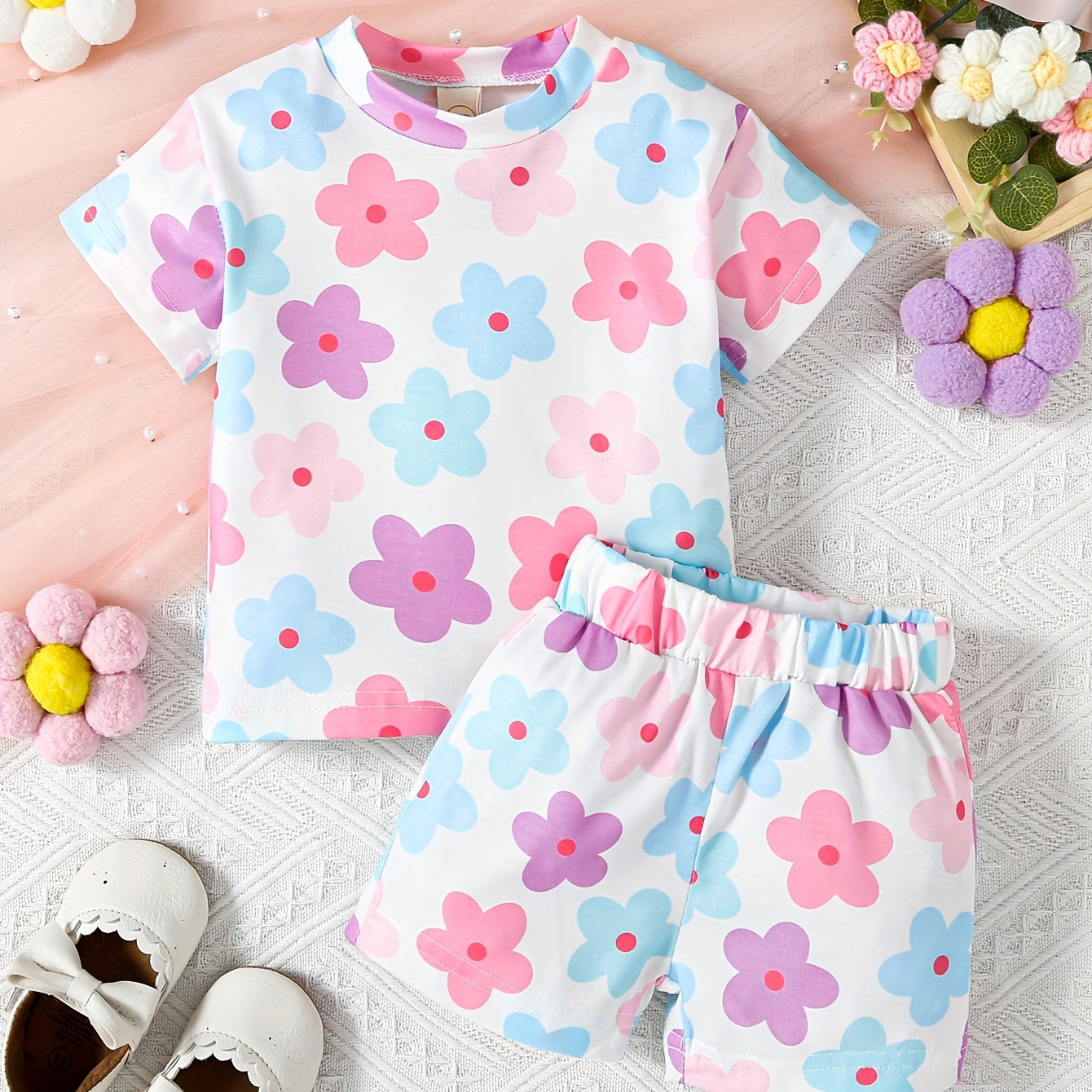 

2pcs Baby Girls Outfits, Summer Flower Print Short Sleeve Tee Tops + Elastic Waist Shorts Set