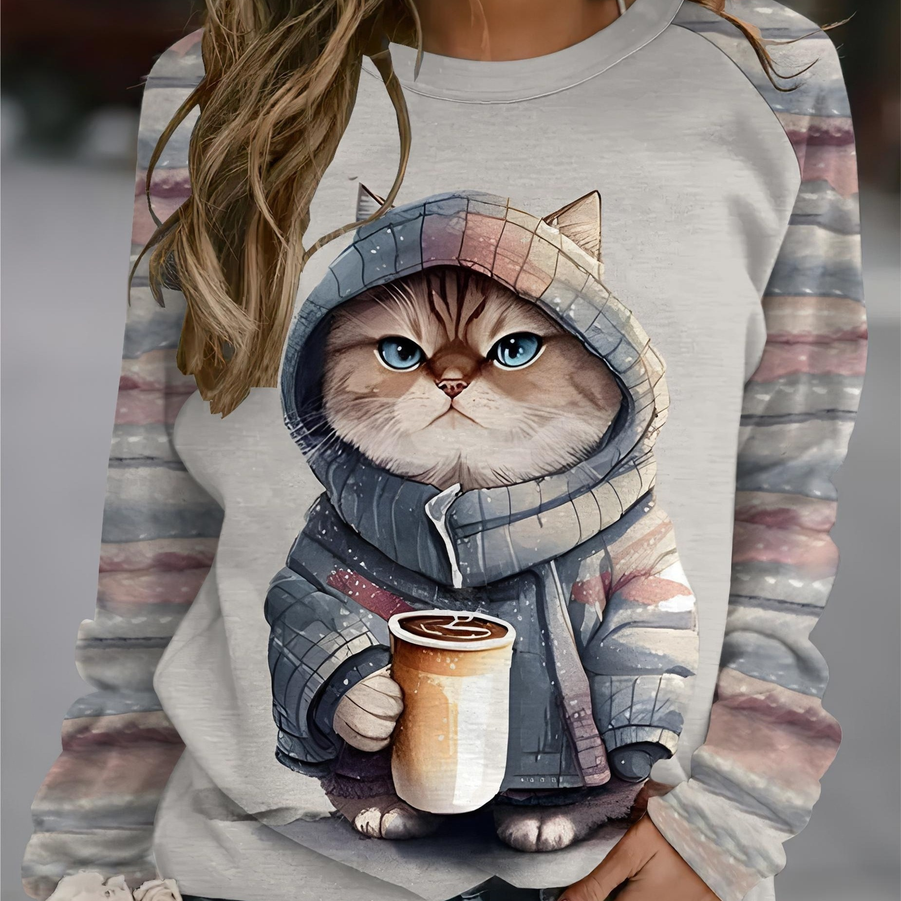 

[autumn Clothing] Cat In Hoodie Graphic Long Sleeve T-shirt For Women - Casual Round Neck, Stretchy Polyester , Vibrant Tie-dye Print, Spring & Fall Outdoor Fun