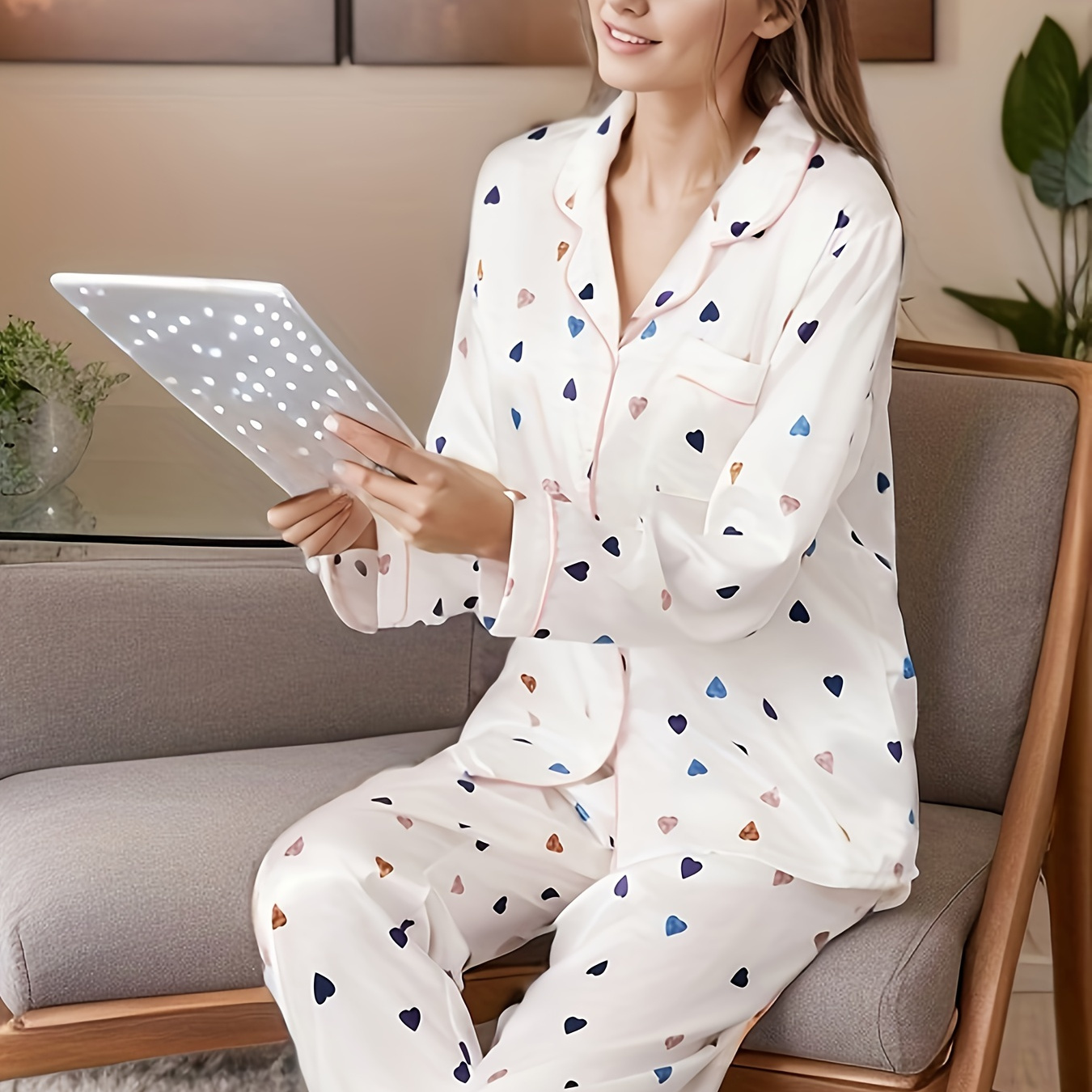 

Colorful Heart Print Pajama Set, Long Sleeve Lapel Top & Elastic Waistband Pants, Women's Sleepwear & Loungewear