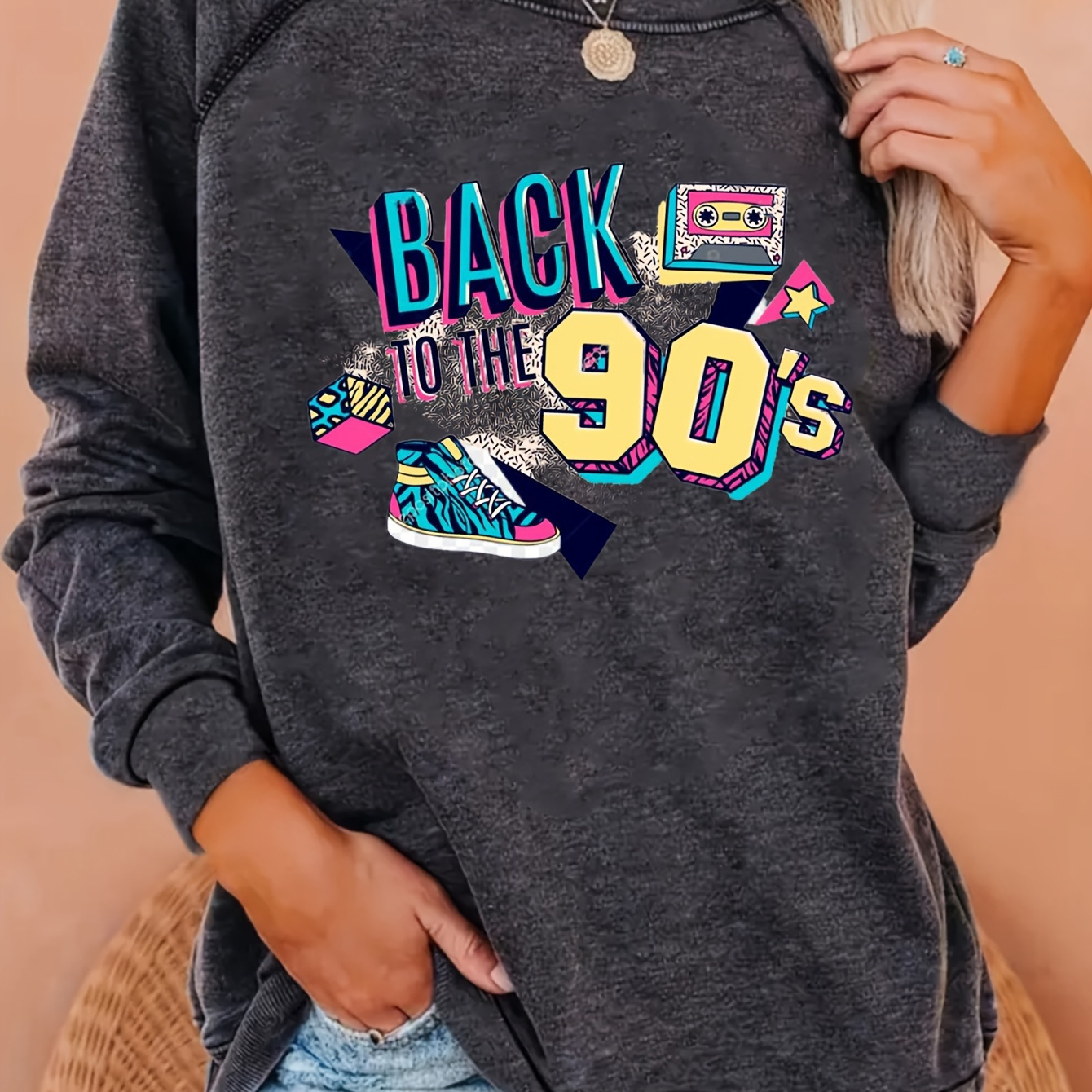 

Women's Chic Crew Neck Sweatshirt, "back To The 90's" Graphic Pullover, Long Sleeve Raglan Shoulder Hoodie, Polyester 95% Spandex 5% Knit Fabric, Stretch, All , H-contour, 240g/m² - Regular Fit