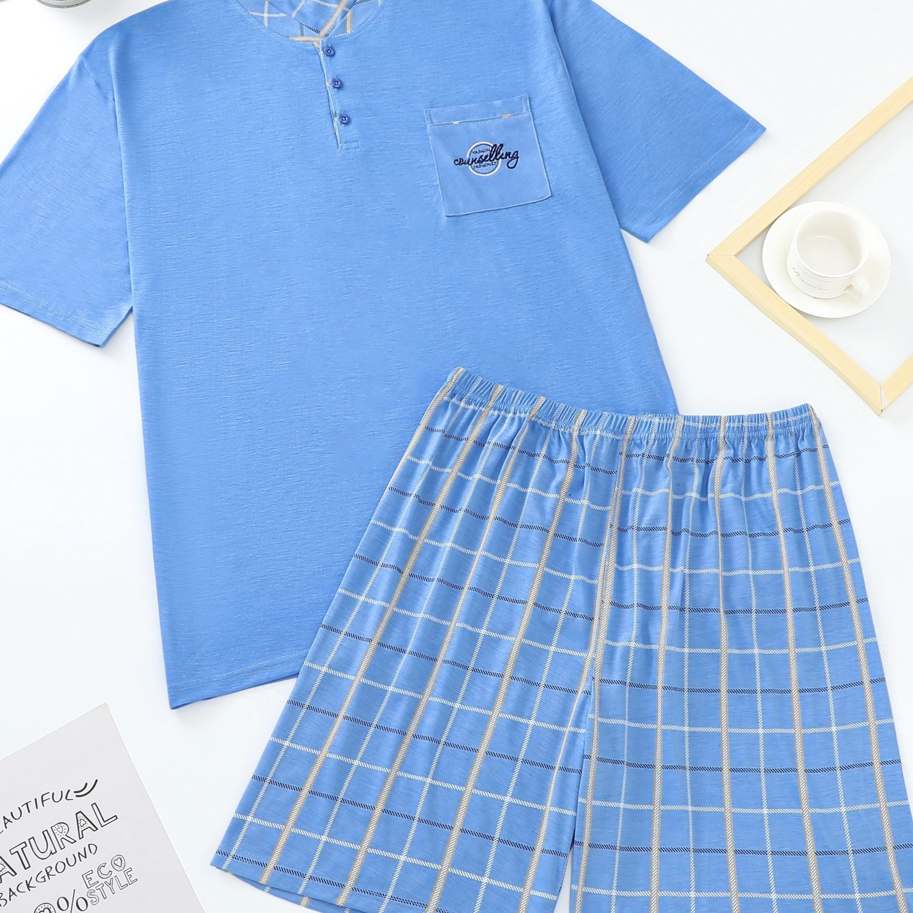 

Men's Summer Pajama Set, Short Sleeve Shirt & Shorts, Casual Plaid & Solid Pattern, Lightweight Lounge Set