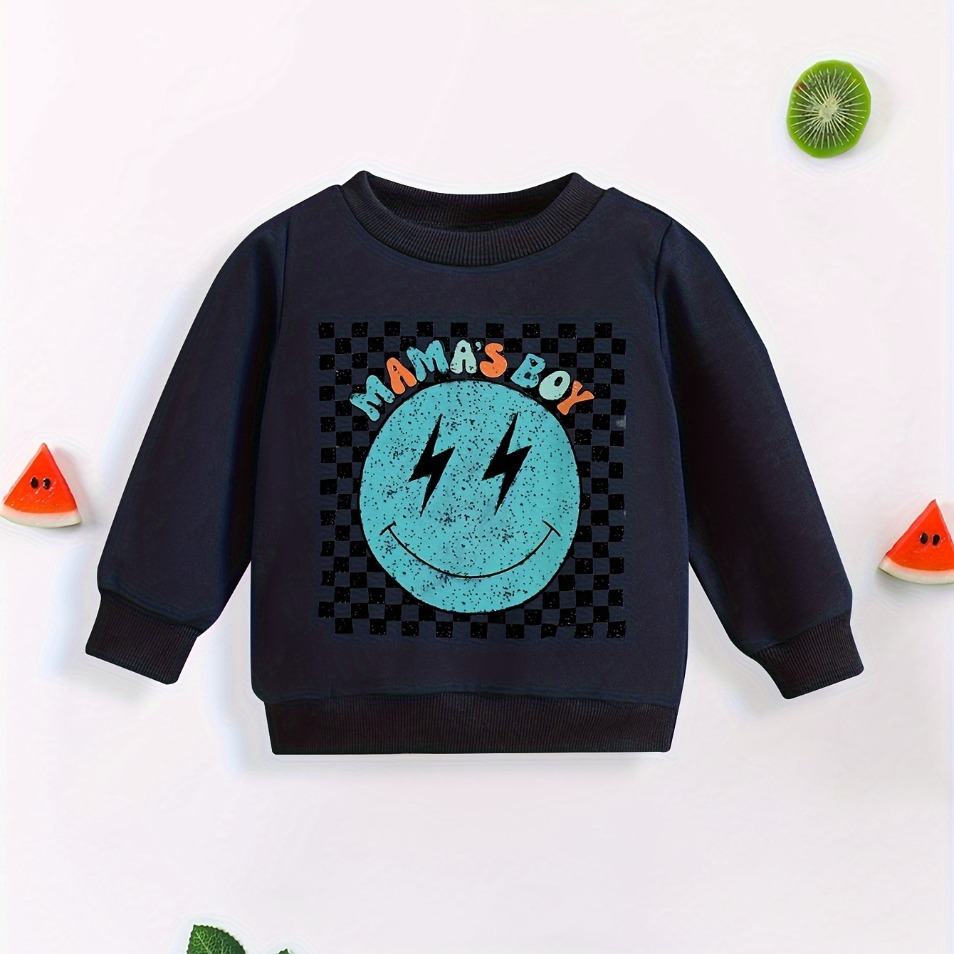 

Boy's Spring/autumn Long Sleeve 'smiling Mama's Boy' Print Sweatshirt - Relaxed Fit, Round Neck, Polyester Blend, Cartoon Design, Suitable For Boys