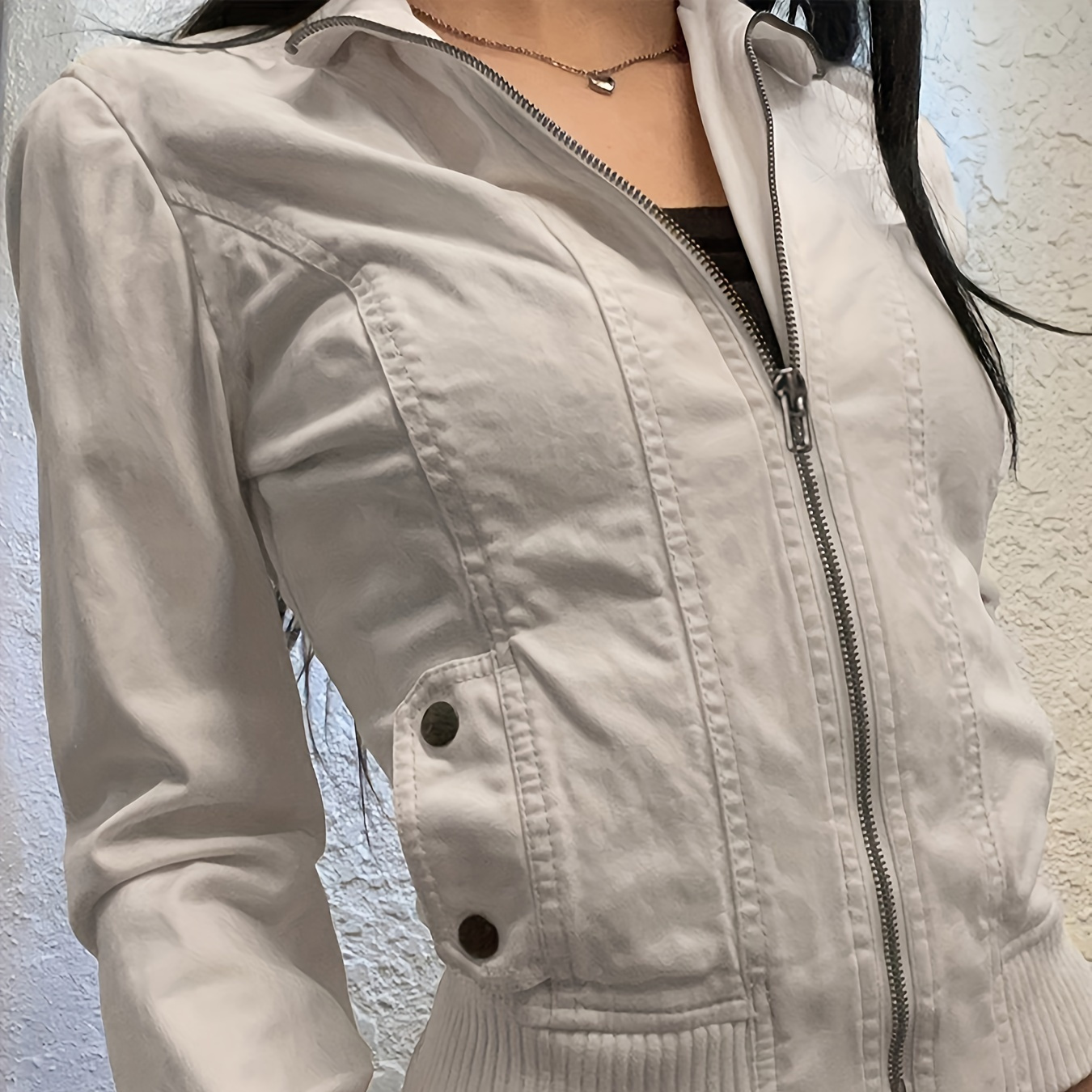 

Solid Color Zip-up Crop Jacket, Y2k Slant Pockets Long Sleeve Slim Jacket For Spring & Fall, Women's Clothing