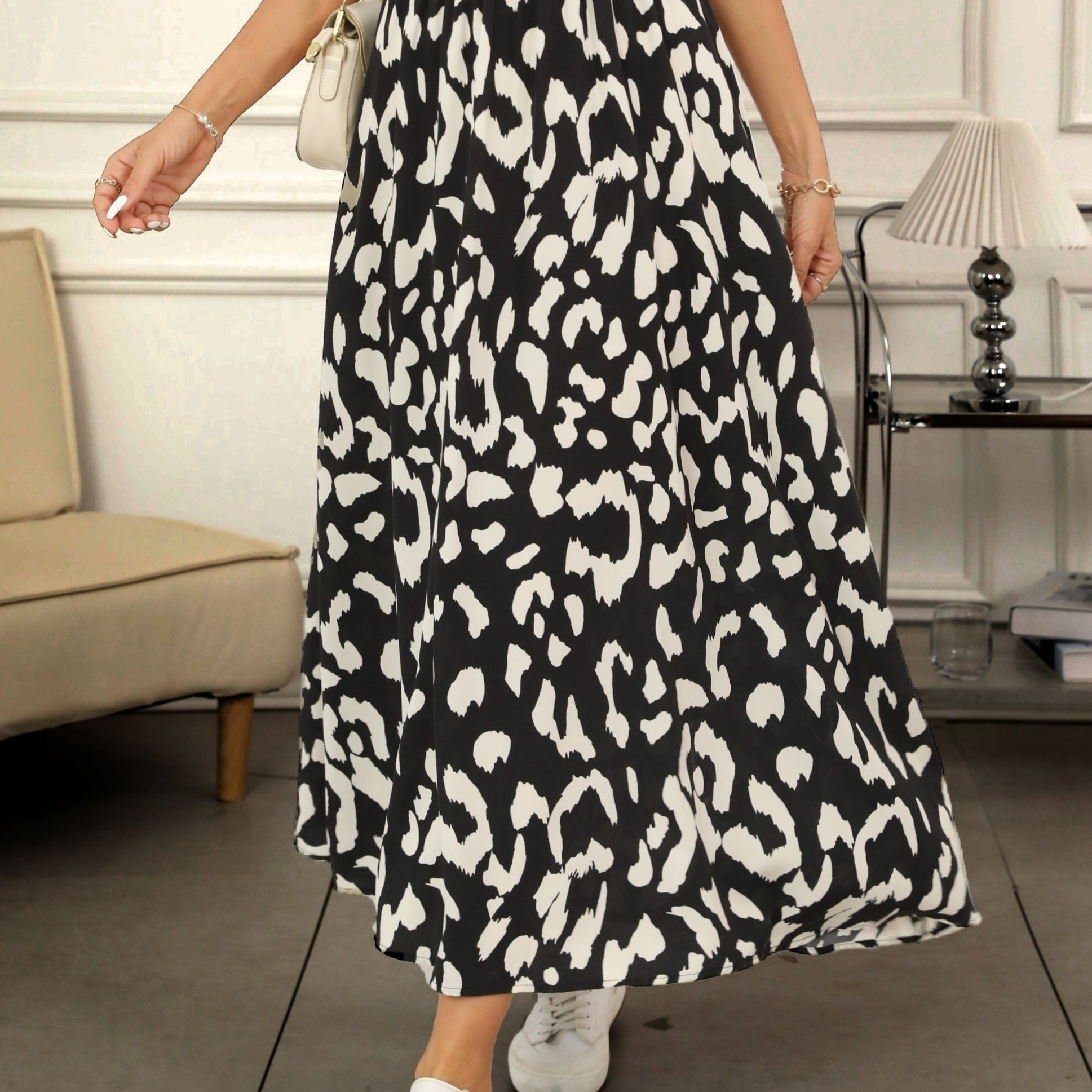 

Allover Print High Waist Skirt, Elegant A-line Ankle Length Skirt For Spring & Summer, Women's Clothing