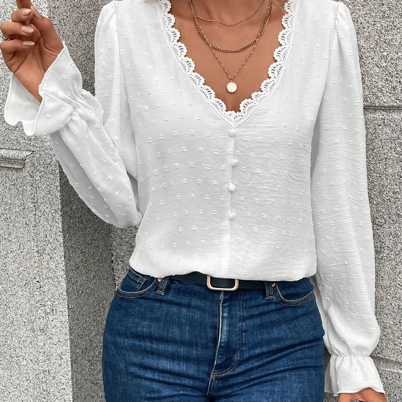 

V-neck Polyester Blouse With Ruffles, Long Sleeve, Classic Fit, Suitable For Spring And Fall, Adult Women's Casual Shirt