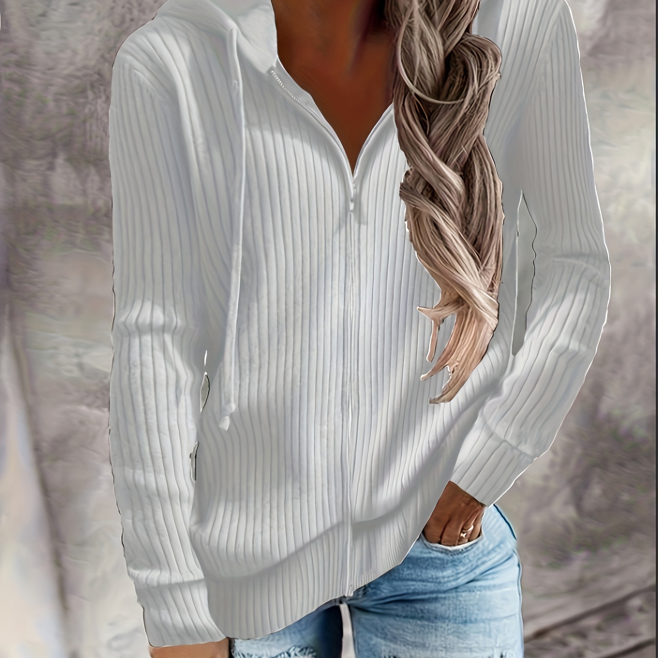 

Ribbed Zipper Drawstring Loose Hoodie, Casual Long Sleeve Hoodies Sweatshirt, Women's Clothing