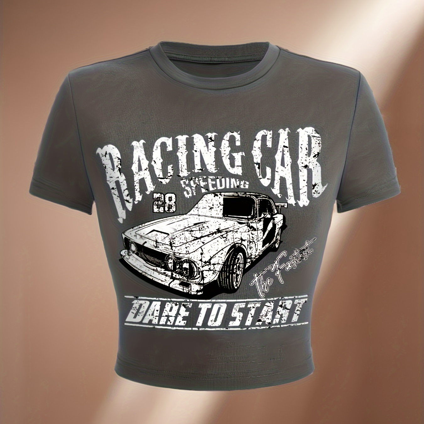

Car Print Y2k Crop Tee, Short Sleeve Casual Top For Summer & Spring, Women's Clothing
