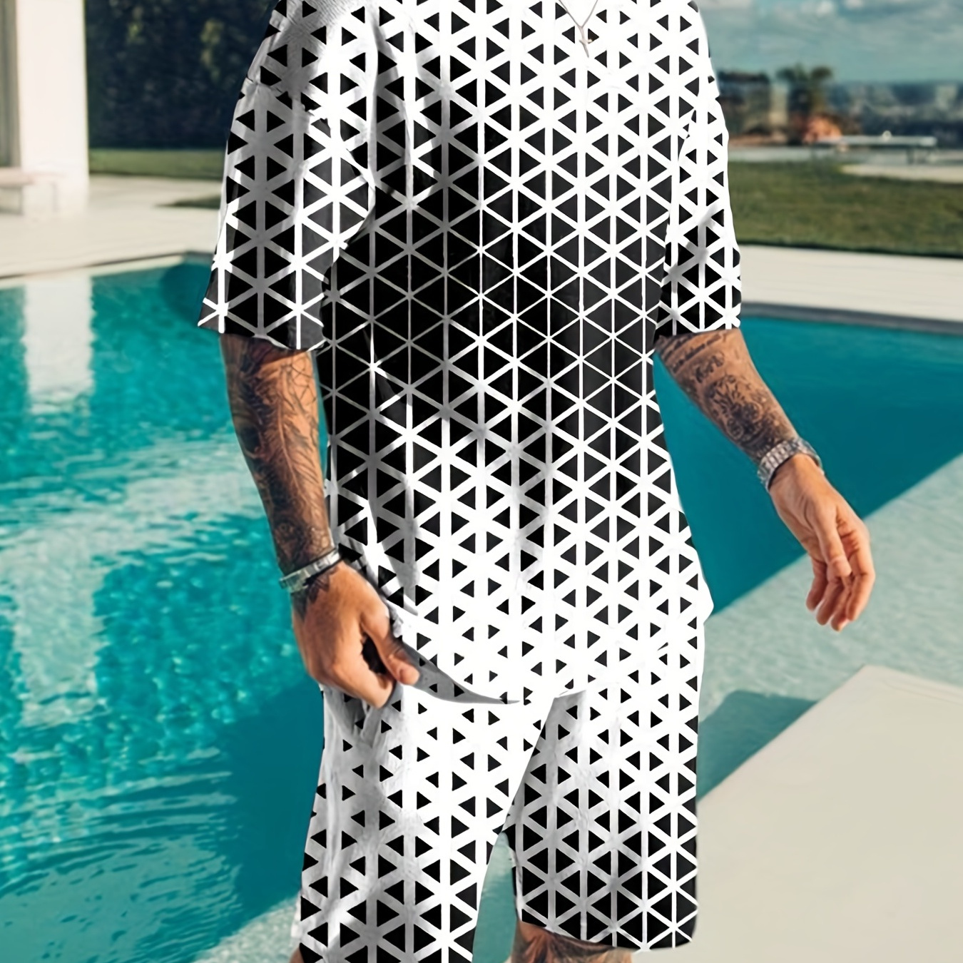 

Plus Size Men's Casual Trendy Intricate Geometric Graphic Print Comfortable Crew Neck Short Sleeve T-shirt & Shorts Sets, Summer Oversized Loose Clothing