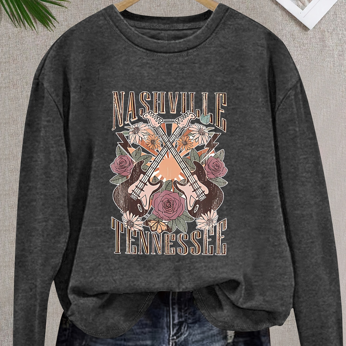 

Chic Rose Guitar & Letter Print Long Sleeve T-shirt For Women - Vintage Style, Stretchy Polyester , Machine Washable