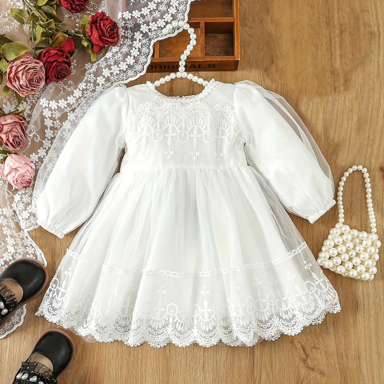 

Baby's Solid Color Embroidered Tulle Dress, Elegant Long Sleeve Princess Dress, Infant & Toddler Girl's Clothing For Christening & Baptism