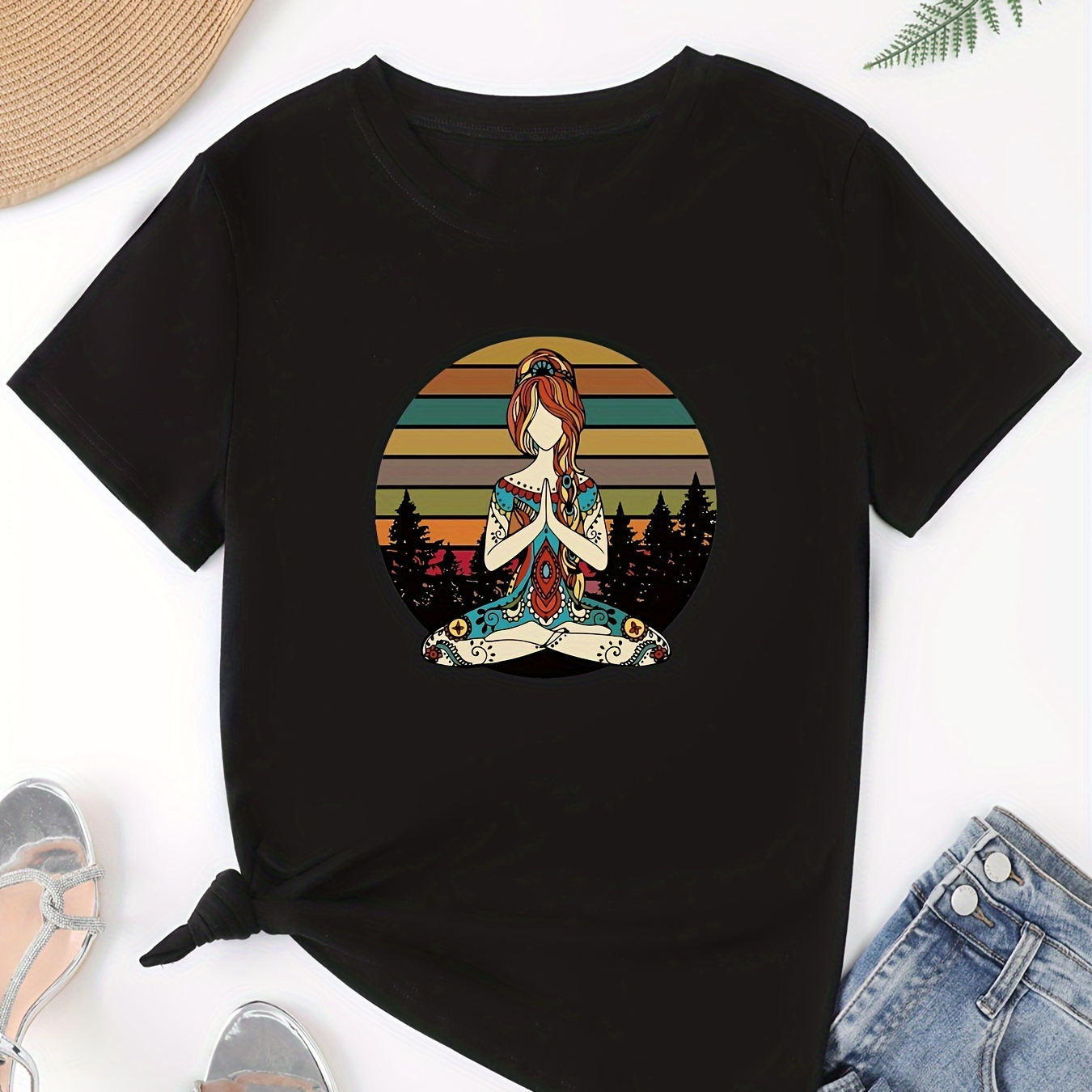 

Yoga Graphic Print T-shirt, Short Sleeve Crew Neck Casual Top For Summer & Spring, Women's Clothing