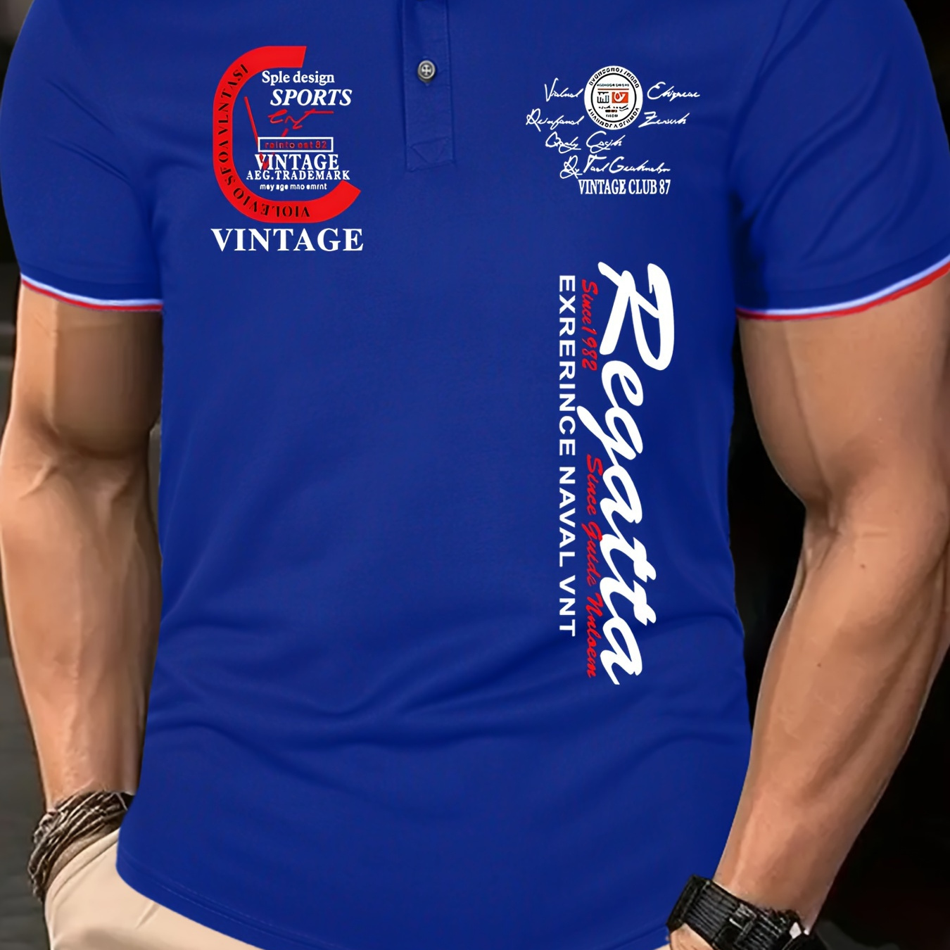 

Creative Letter Design Sports Vintage Print, Men's Golf T-shirt Breathable Comfortable Casual Short Sleeve Polyester Button Slight Stretch