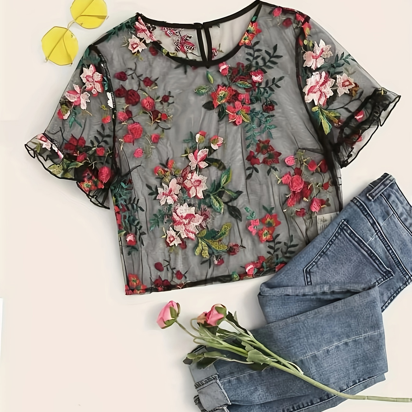 

Floral Embroidery Crew Neck T-shirt, Elegant Short Sleeve Slim Crop T-shirt For Spring & Summer, Women's Clothing
