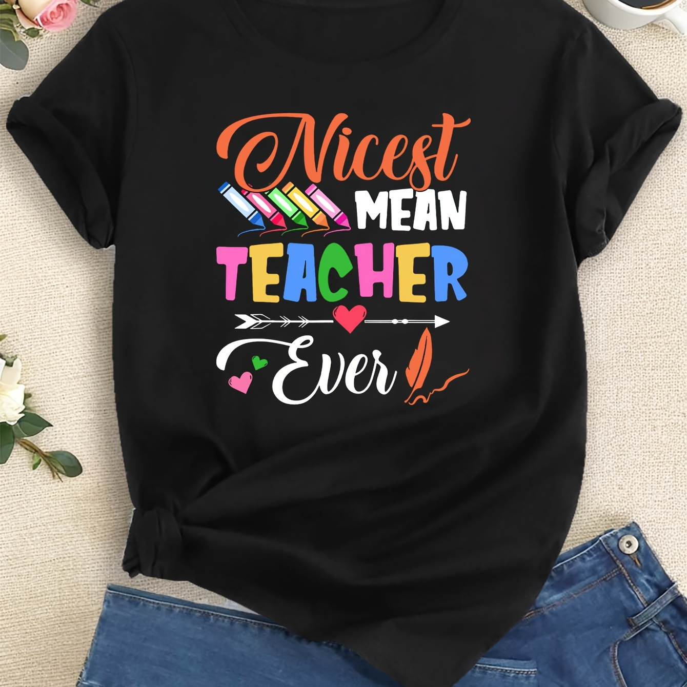 

Nicest Teacher Print T-shirt, Short Sleeve Crew Neck Casual Top For Summer & Spring, Women's Clothing