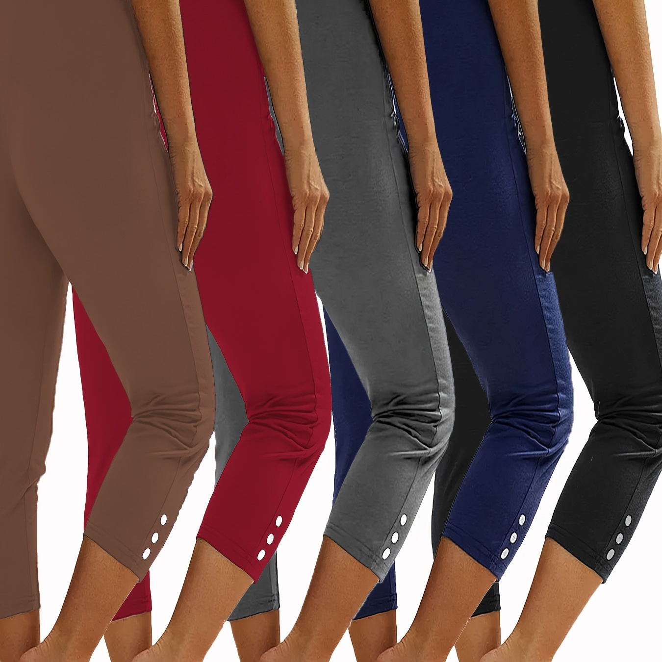 

Women's Sports Leggings 5 Piece Set, Plus Size Plain Side Buttons Decor High Stretch Comfy Fitness Yoga Capri Pants Leggings Set
