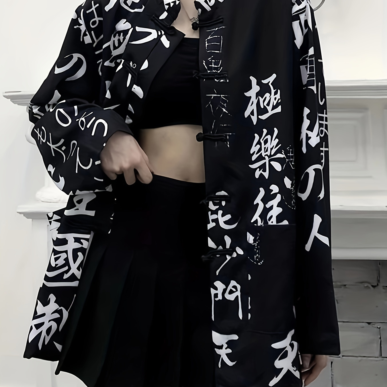 

Vintage-inspired Kimono Shirt With Chinese Character Print, Long Sleeves & Stand Collar - Machine Washable Polyester For Women