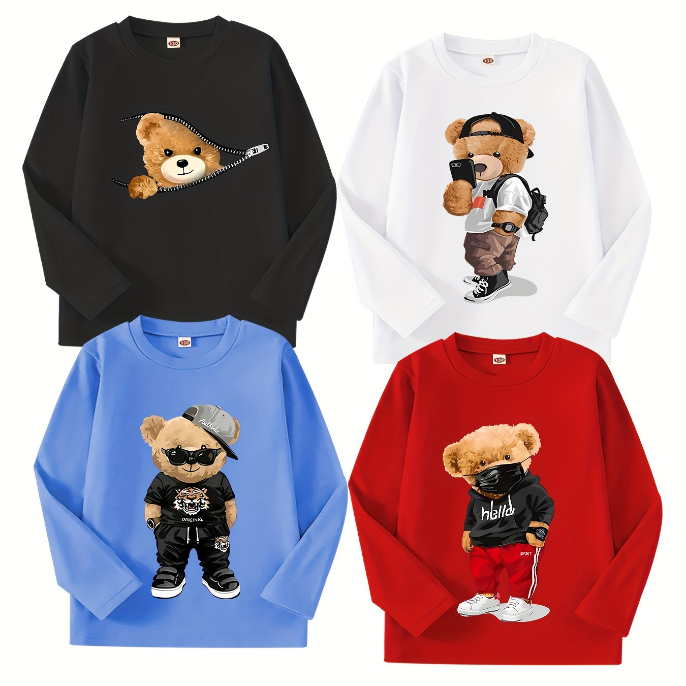 

4-pack Boys' T-shirts, Autumn/, Cute Cartoon Teddy , Round Neck, Long Sleeve, Comfortable Casual, Polyester Blend, Regular Fit, Kids Outerwear