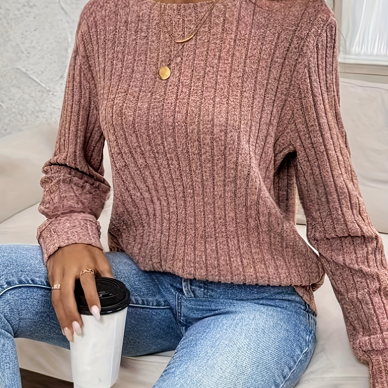 

French- Ribbed Knit Top - & Long , Washable - For /fall