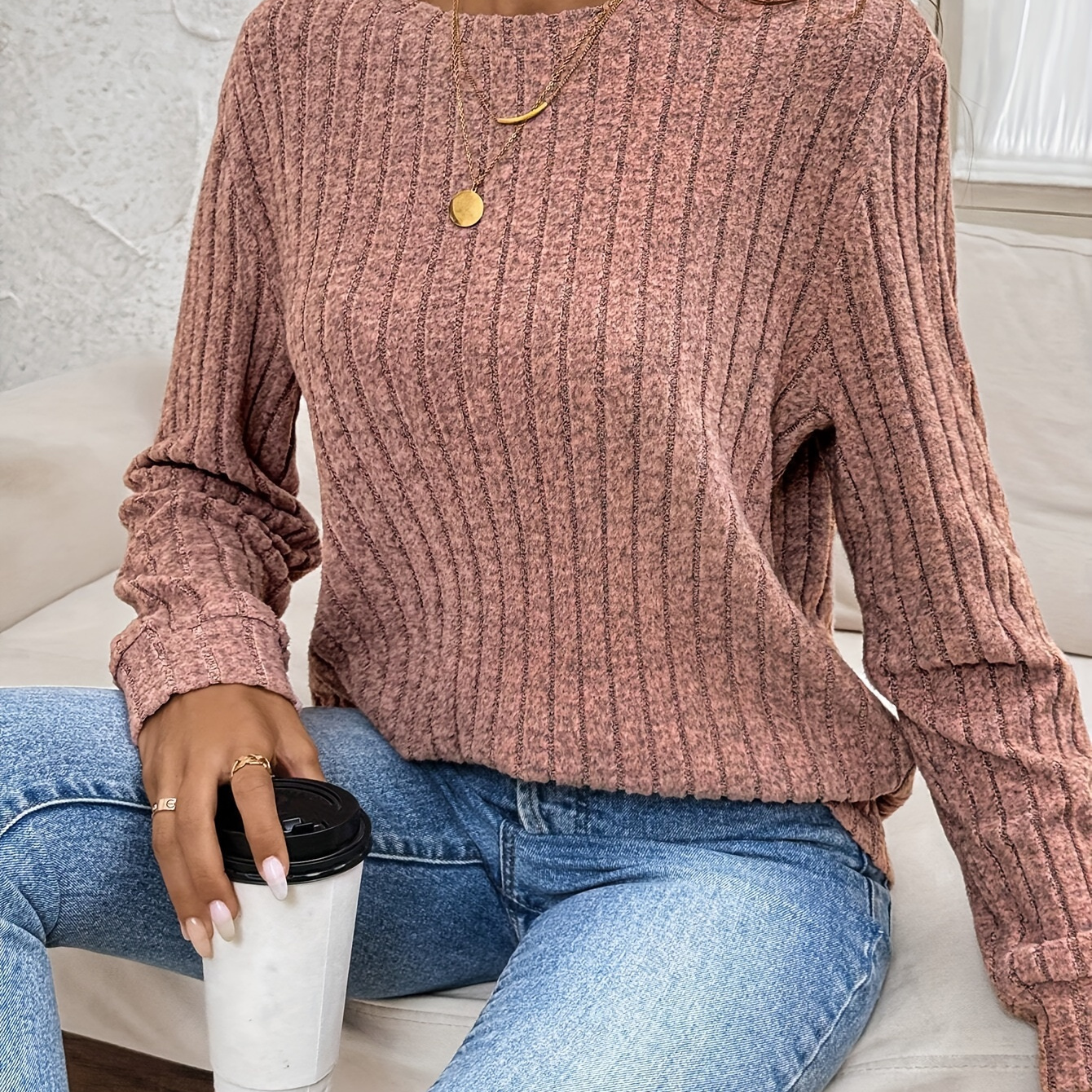 

Women's Casual Pink Ribbed Sweater T-shirt - Polyester Knit Fabric, Round Neck, Solid Color, Spring/fall Collection, Relaxed Fit