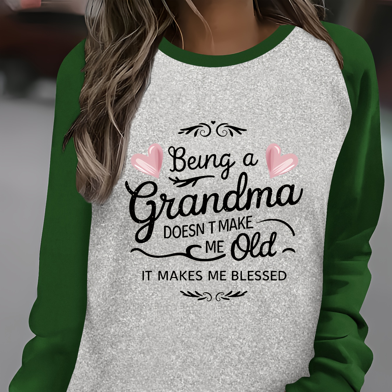 

Women's Long Sleeve T-shirt With " A Grandma Old, It Blessed" Print, Casual Round Neck, Polyester, Knit Fabric, Regular Fit, All