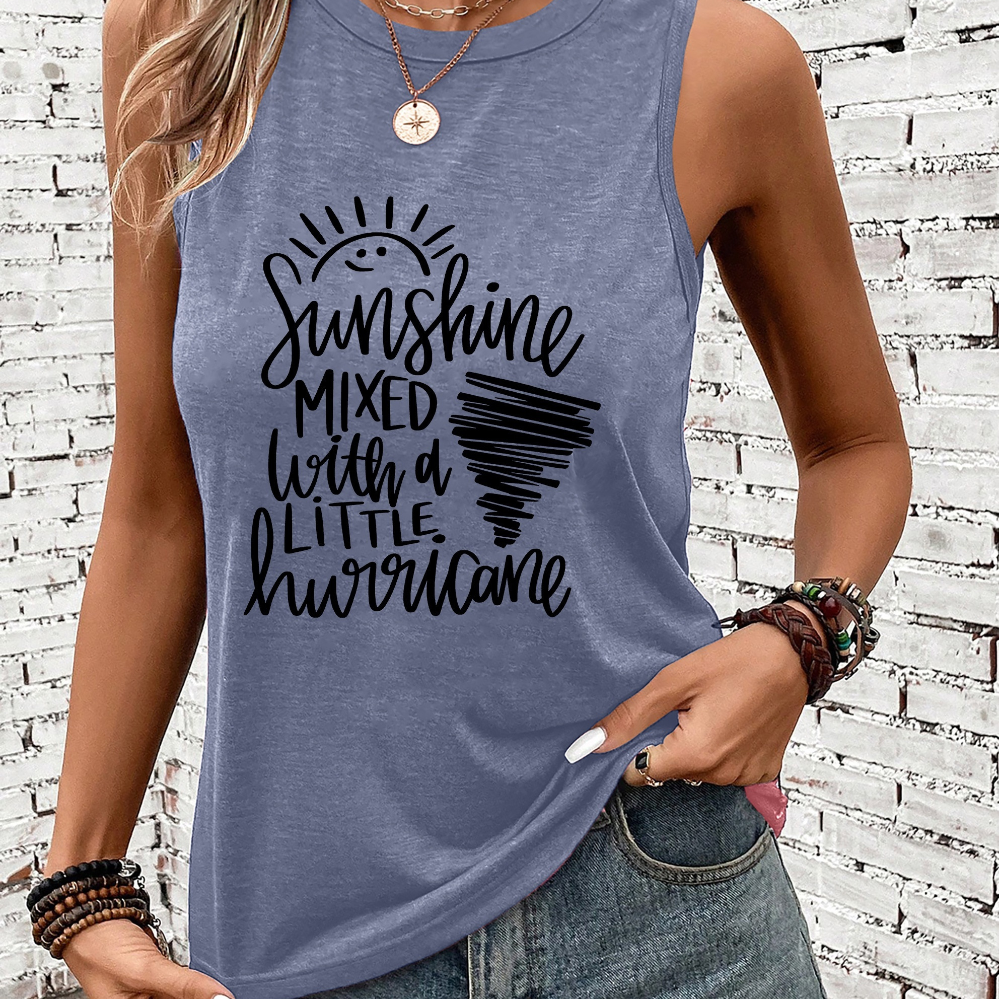 

Sunshine Print Tank Top, Sleeveless Casual Top For Summer & Spring, Women's Clothing