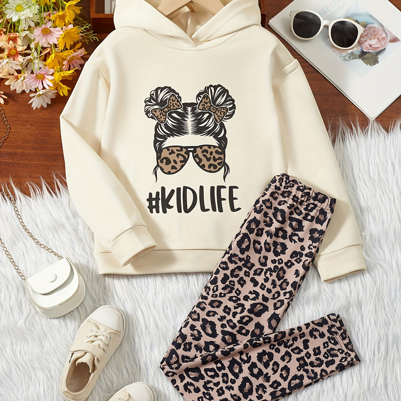 

2pcs Girl's Leopard Outfit, Anime Girl Print Hoodie & Leggings Set, Kid's Clothes For Spring Fall