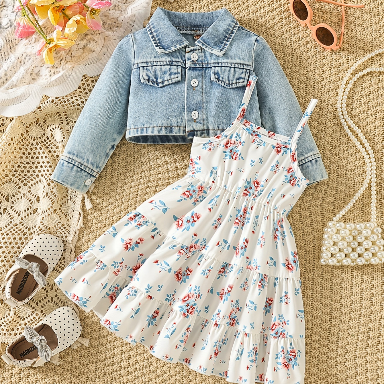 

2pcs Infant & Toddler's Floral Pattern Dress & Denim Jacket, Pastoral Style Cami Dress, Baby Girl's Clothing