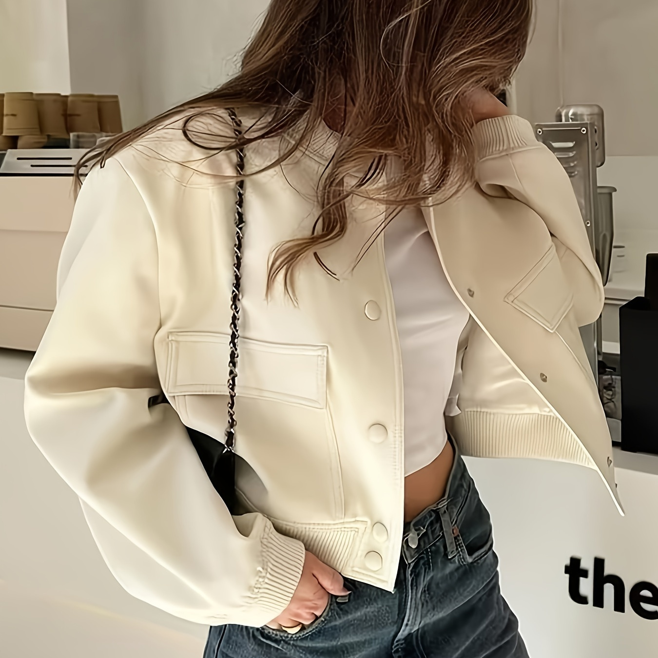 

Flap Pocket Button Front Bomber Jacket, Stylish Solid Color Long Sleeve Jacket For Fall & Winter, Women's Clothing