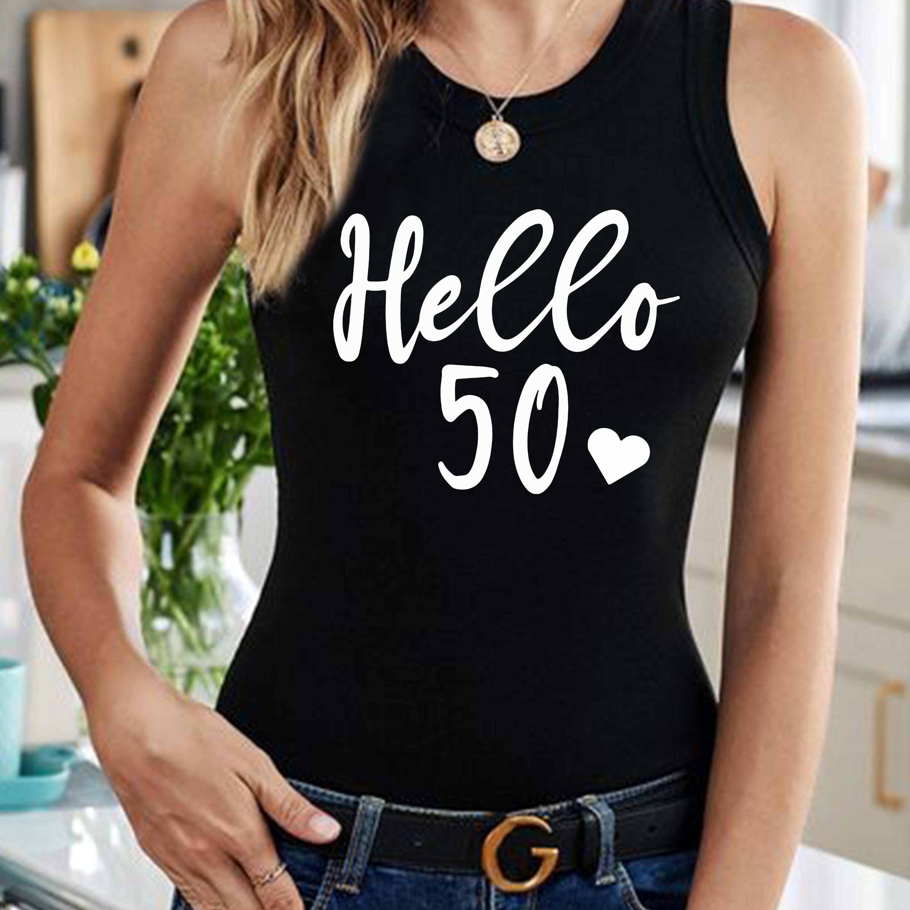 

Hello 50 Print Tank Top, Sleeveless Crew Neck Casual Top For Summer & Spring, Women's Clothing