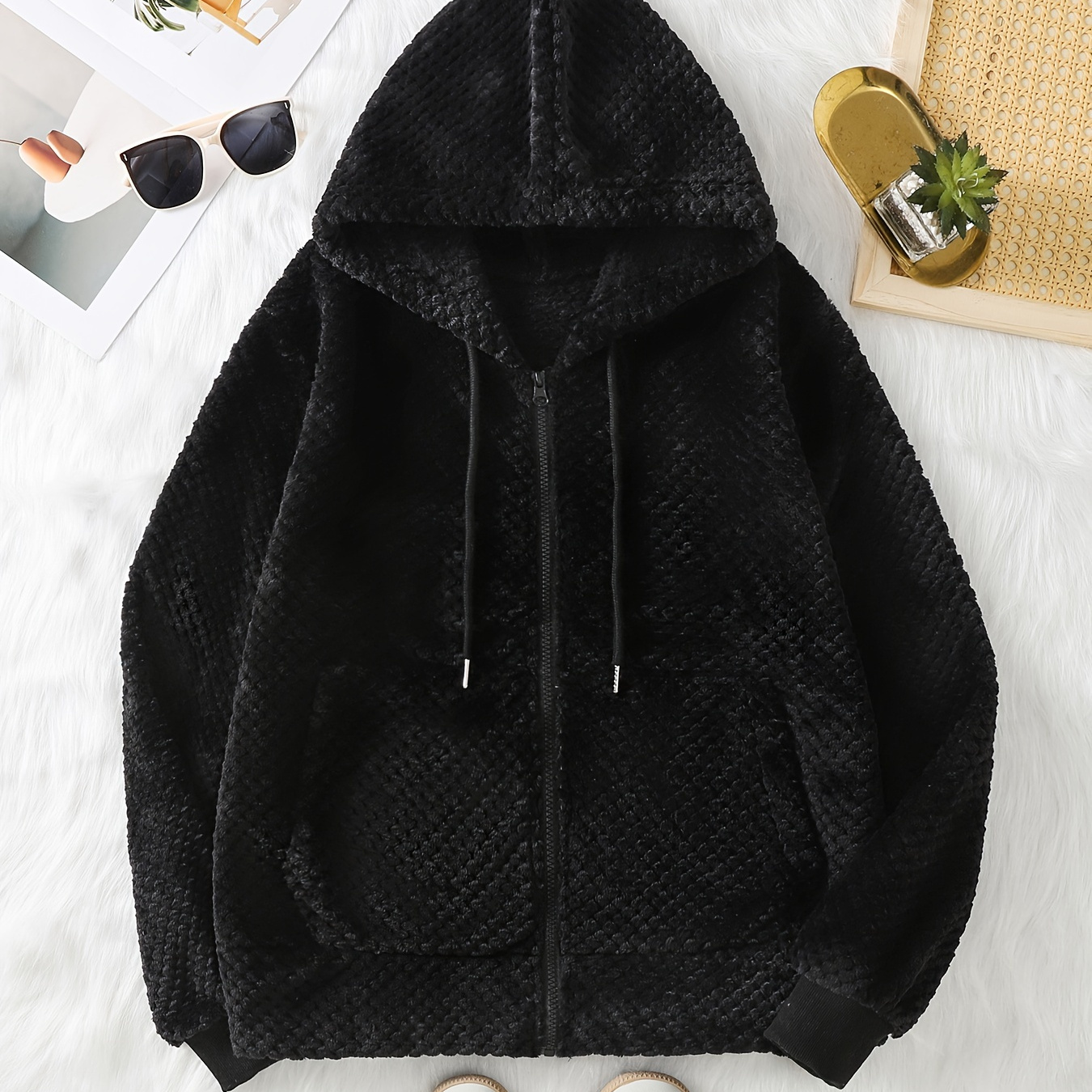 

1pc Elegant Women's Casual Teddy Fleece Hooded Jacket With Zipper, Long Sleeve Solid Color Warm Pullover For Autumn/winter, Polyester Knit Hoodie