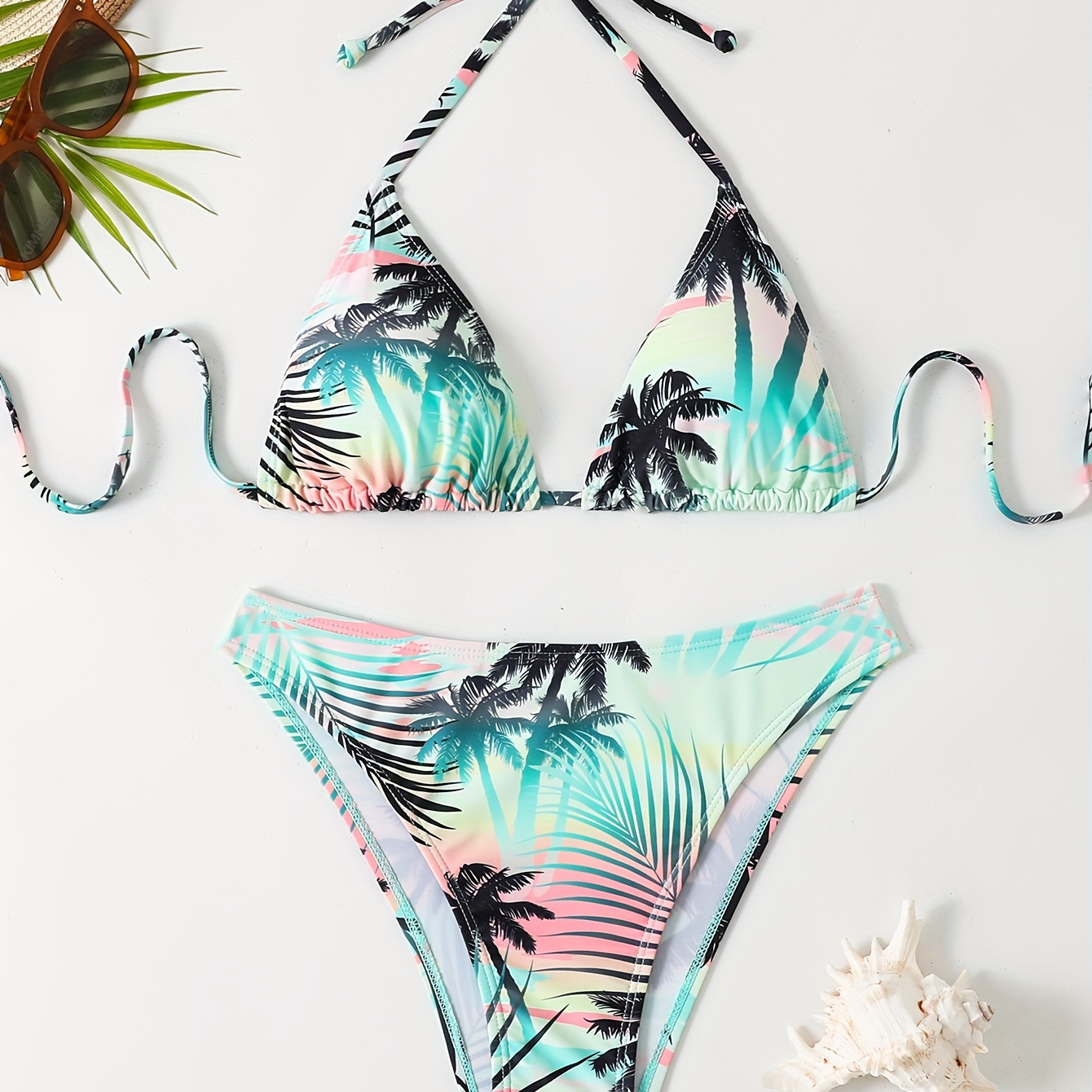

Women's Tropical Palm Print Bikini Set, Adjustable Halter Neck, High Cut Bottoms, Summer Beachwear Swimwear
