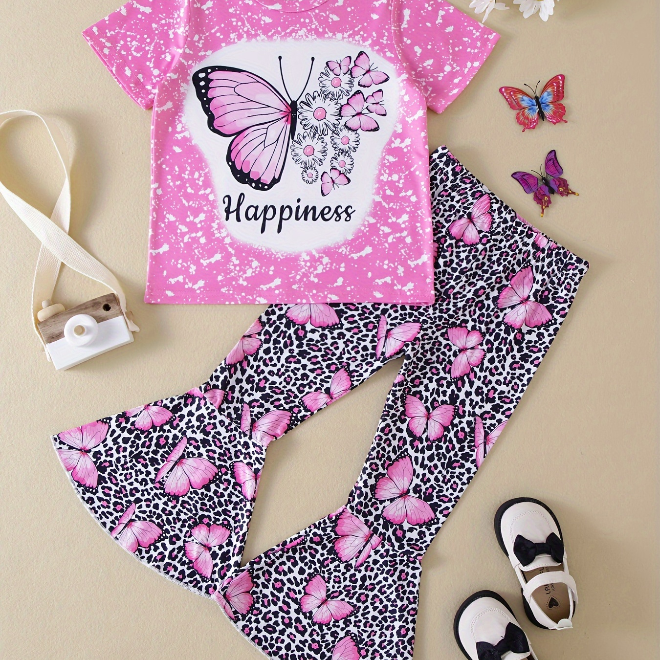 

Girls Elegant Butterfly Print 2pcs Casual T-shirt & Spliced Leopard Full Print Flare Leg Pants