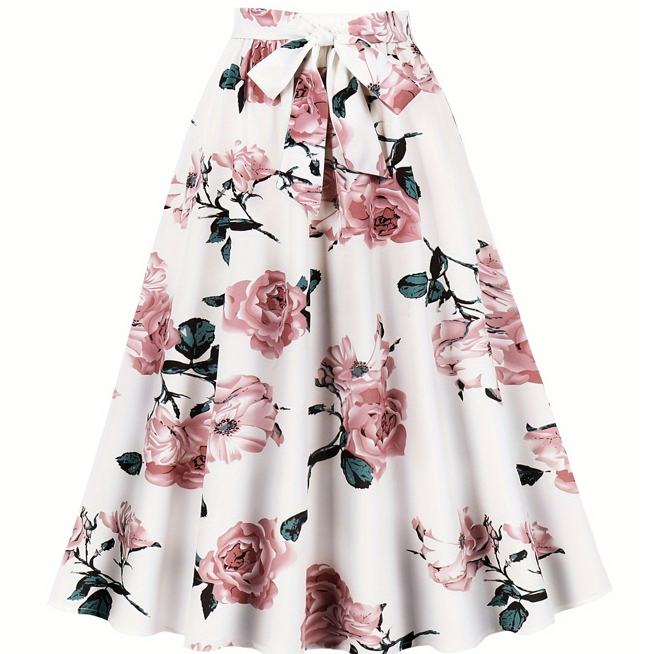 

Floral Print Tied Waist Skirt, Elegant A-line Flare Skirt For Spring & Summer, Women's Clothing