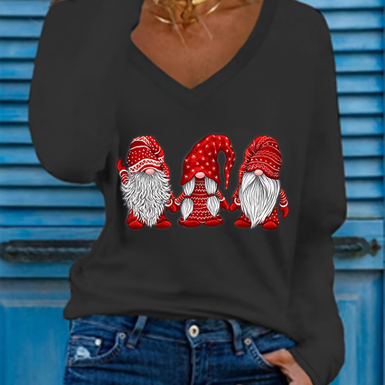 

Gnome Print V Neck T-shirt, Casual Long Sleeve Top For Spring & Fall, Women's Clothing