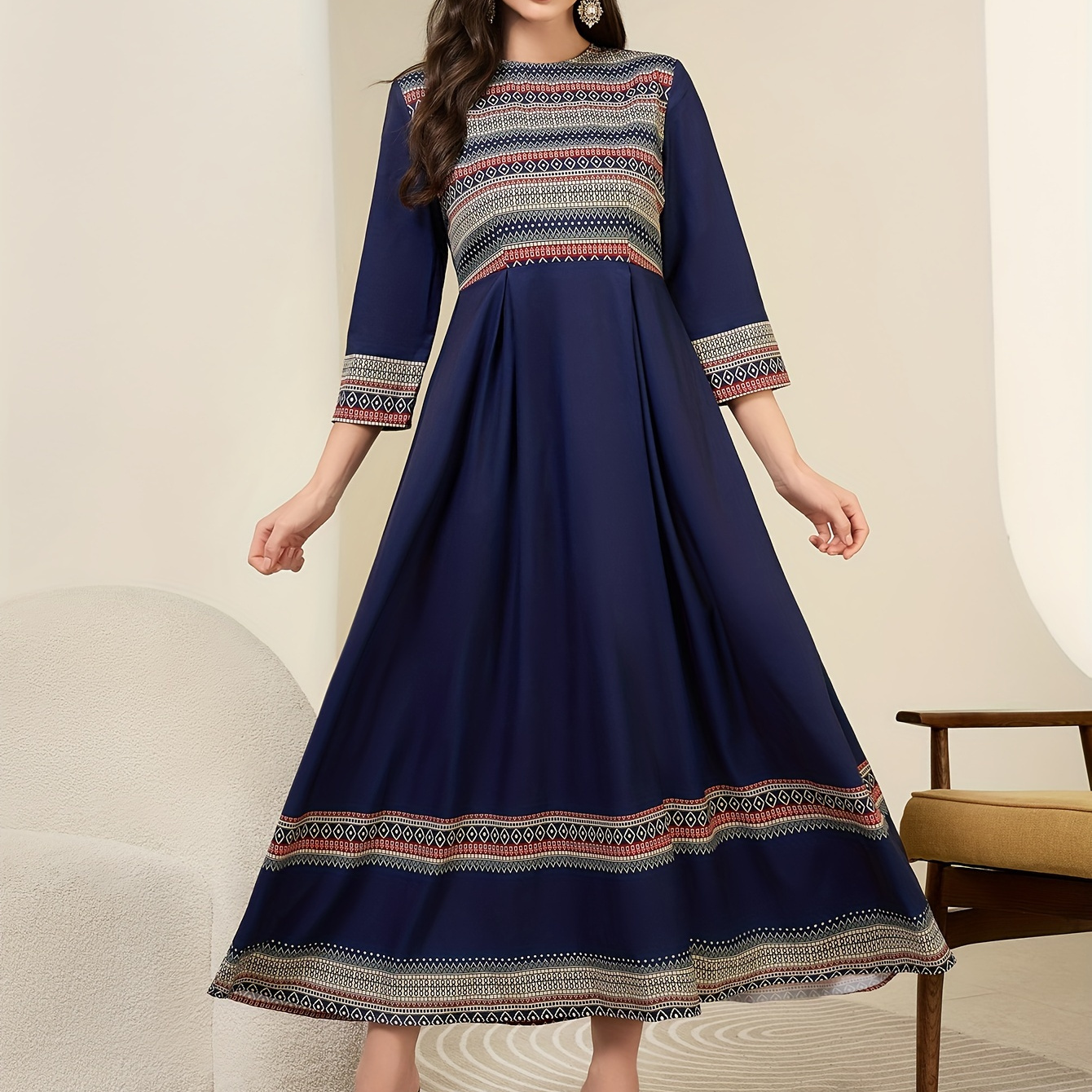 

à col rond et imprimé , trapèze à - le et l'été, vêtements femmes