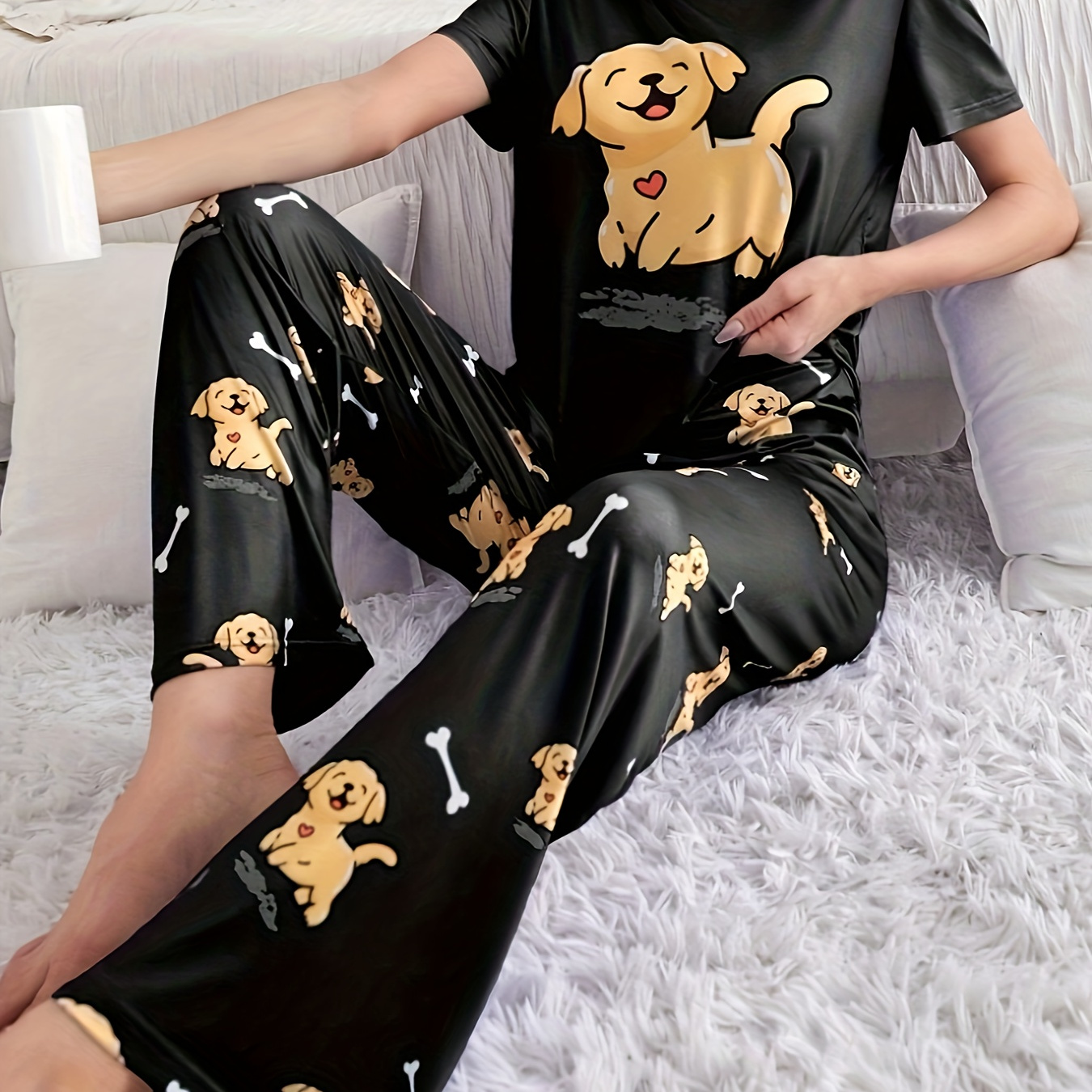 

Women's Cute Cartoon Puppy Print Pajama Set, Short Sleeve Round Neck Top & Pants, Comfortable Relaxed Fit