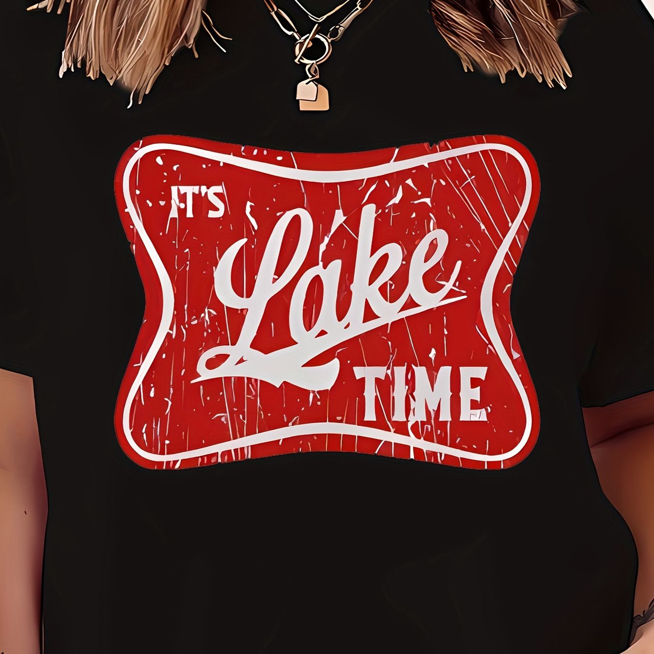 

Women's "it's Lake Time" Graphic T-shirt Polyester Blend Casual Crew Neck Tee With Medium Stretch For All Seasons - Knit Fabric Alphabet Pattern Outdoor Camping & Boating Shirt